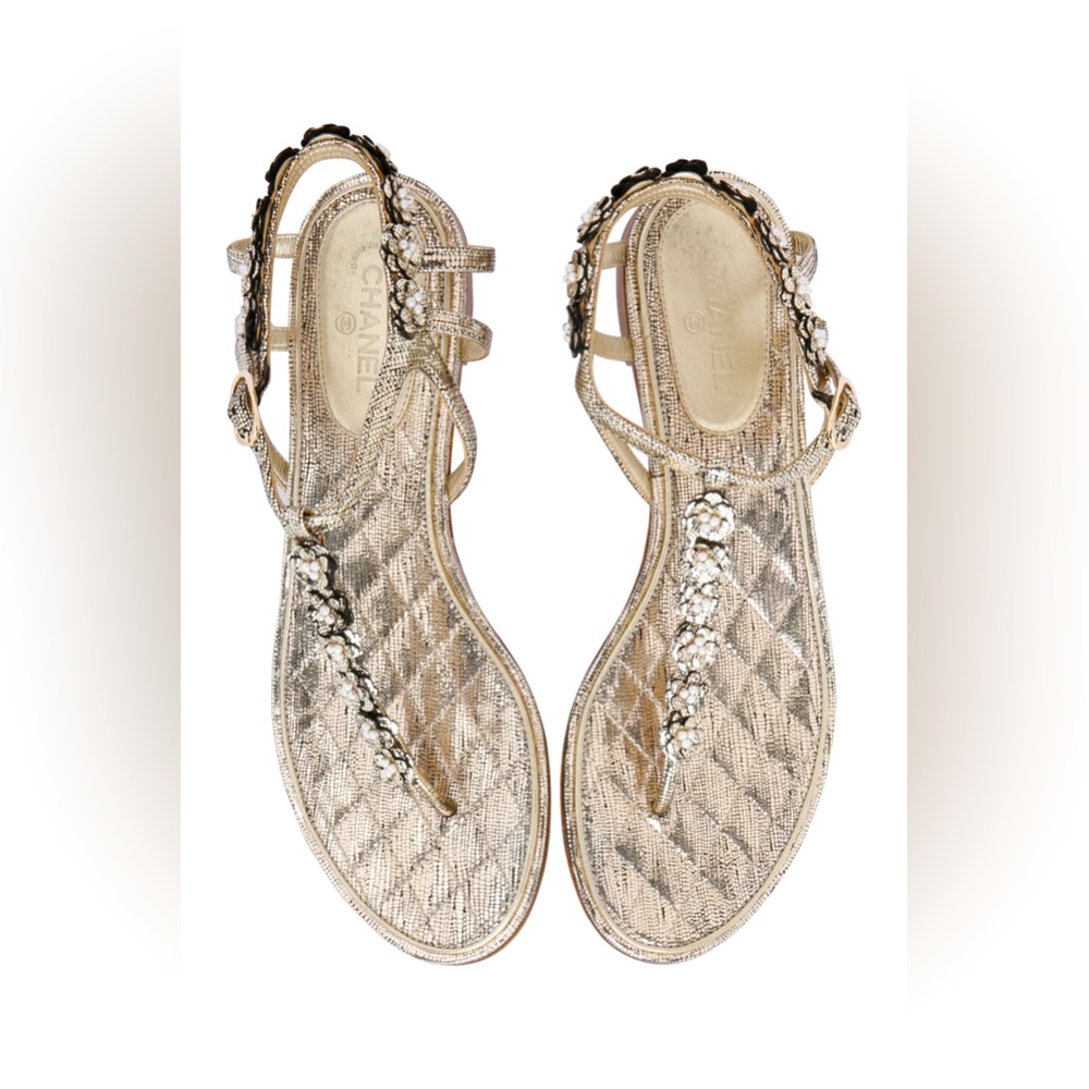 CHANEL Gold Pearl Camellia Thong Sandals